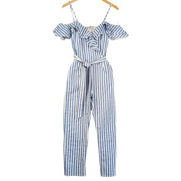 Main Strip, Blue & White Stripe, Off Shoulder Jumpsuit, Spaghetti Straps, Medium - Picture 1 of 14